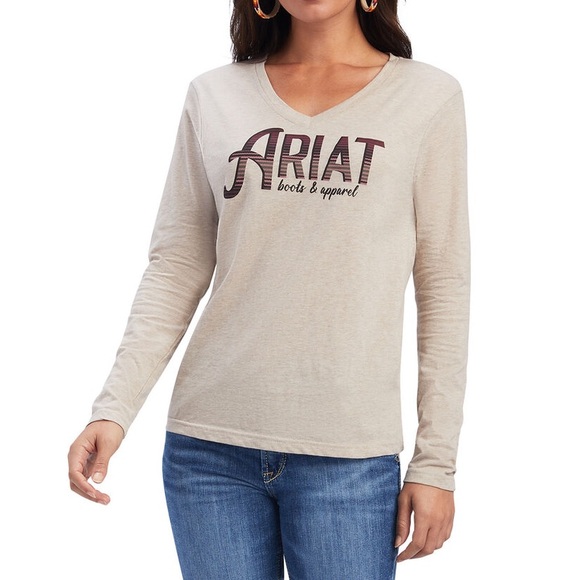 NWT Ariat Real Chest Logo Graphic Long Sleeve V-neck Tee T-Shirt Cream Large - Picture 1 of 9